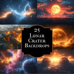 Puede incluir: Una colección de arte digital con escenas celestiales. Las imágenes muestran planetas, lunas y nebulosas en colores vibrantes, con naranjas, azules y púrpuras dominantes. El texto "25 Lunar Crater Backdrops" se muestra en un marco negro.