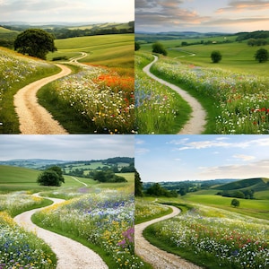 Puede incluir: Un camino de grava serpentea a través de un campo verde salpicado de flores silvestres. El sendero conduce a colinas onduladas bajo un cielo parcialmente nublado. La imagen está dividida en cuatro paneles.