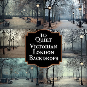 Puede incluir: Una colección de diez fondos victorianos de Londres. Las imágenes presentan una escena de parque brumosa con farolas, bancos y árboles sin hojas. El texto "10 Quiet Victorian London Backdrops" se muestra en un marco negro.