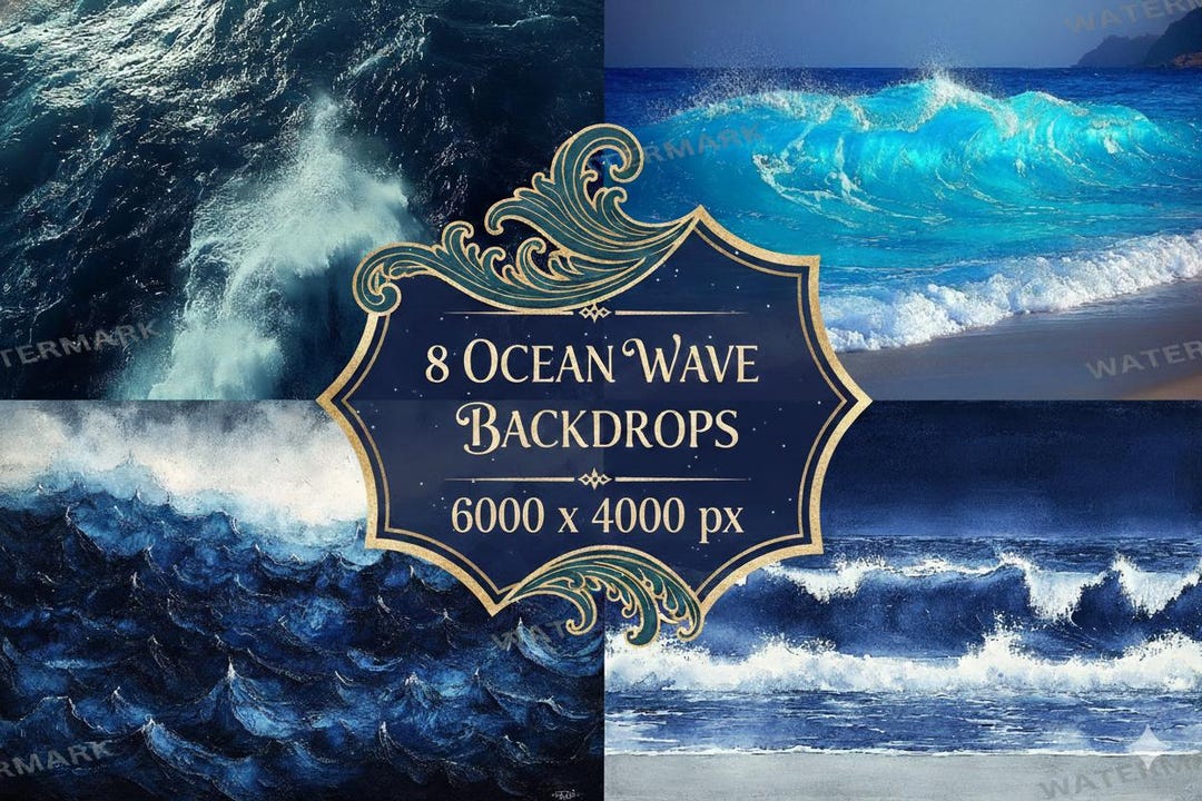 Waved Top Backdrop 8 Ocean Wave Backdrops, Blue Seascape Digital Backgrounds for ...
