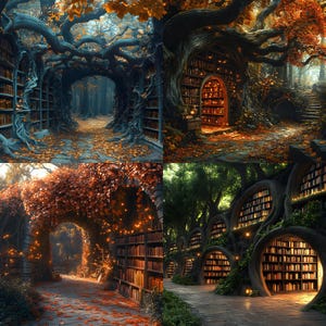 Digital bakgrundssamling med förtrollad biblioteksskog - Nyckfulla fotobakgrunder för fantasyfotograferingar