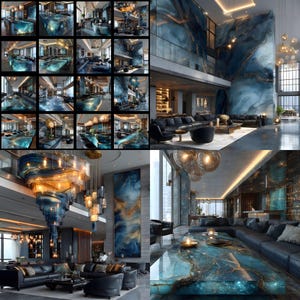 Puede incluir: Imágenes de diseño de interiores de lujo con una estética moderna. Los espacios muestran detalles de mármol azul y dorado, grandes candelabros y amplias zonas de estar. El tema general es de alta gama, con un enfoque en la elegancia y la sofisticación.