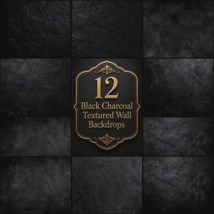 May include: A collection of 12 black charcoal textured wall backdrops arranged in a grid. A central decorative gold-trimmed plaque features the text 12 Black Charcoal Textured Wall Backdrops in gold lettering against a dark black background.