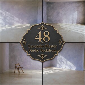 May include: A collection of four studio backdrops featuring lavender plaster walls with light and shadow patterns. A central black emblem with gold trim displays the text 48 Lavender Plaster Studio Backdrops. A small wooden folding chair is visible.