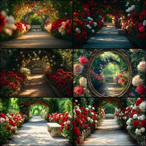 Peut inclure: Un collage d'images présentant un sentier de jardin de roses. Le chemin est bordé de roses rouges et blanches vibrantes, créant une arche florale. Un banc est visible au loin, invitant à un moment de repos dans le jardin.