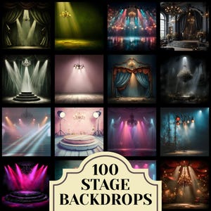 May include: A collage of 12 stage backdrops with various lighting and stage designs. The backdrops feature chandeliers, spotlights, and curtains in a variety of colors, including red, blue, and pink. The text "100 STAGE BACKDROPS" is displayed in a cream-colored banner.