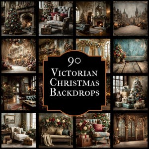 Può includere: Un collage di nove sfondi natalizi vittoriani. Le immagini presentano alberi di Natale decorati, mobili ornati e decorazioni festive. L'immagine centrale mostra il testo "90 Victorian Christmas Backdrops."