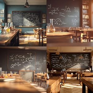 May include: A vintage-style science classroom with wooden tables, chairs, and blackboards filled with chemical formulas. Glass beakers and flasks are arranged on the tables. The room is lit by natural light and overhead lamps, creating a warm, inviting atmosphere.