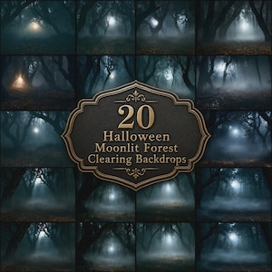 Puede incluir: Una colección de 20 fondos de fotografía digital que muestran claros de bosque oscuros y brumosos iluminados por la luz de la luna. Una placa decorativa central muestra el texto 20 Halloween Moonlit Forest Clearing Backdrops en letras doradas.