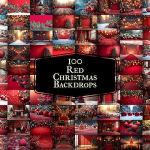 Puede incluir: Un collage de 100 fondos navideños rojos. Las imágenes presentan varias escenas festivas, incluyendo árboles decorados, adornos y paisajes nevados. El texto "100 Red Christmas Backdrops" se muestra sobre un fondo negro.