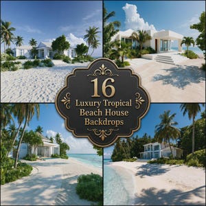Op de afbeelding: Een collage van vier afbeeldingen met witte luxe strandhuizen met palmbomen en wit zand, met een centrale zwarte sierlijke plaquette met gouden tekst die 16 Luxury Tropical Beach House Backdrops leest in een decoratief lettertype.
