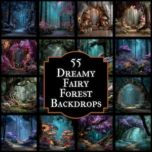 Pode incluir: Uma coleção de 55 fundos de floresta de fadas sonhadoras. As imagens mostram várias cenas de florestas de fantasia com cores vibrantes, incluindo tons de roxo, rosa e azul. As cenas apresentam árvores, caminhos e iluminação mágica.