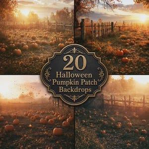 May include: A collage of four distinct pumpkin patch scenes at sunset, featuring orange pumpkins scattered across fields with wooden fences, golden light, and autumn foliage. A central dark plaque displays the text 20 Halloween Pumpkin Patch Backdrops.