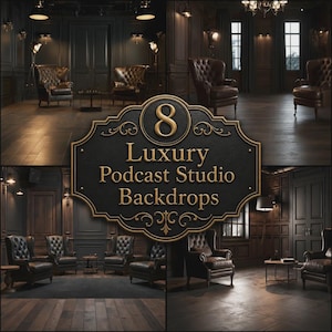 Op de afbeelding: Een collectie van acht donkere, verfijnde interieurs met gecapitonneerde leren fauteuils, houten lambrisering en warme verlichting. Een centrale decoratieve plaquette toont de gouden tekst: 8 Luxury Podcast Studio Backdrops.