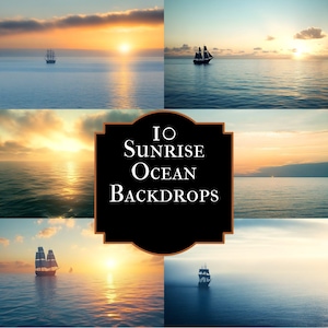 Könnte beinhalten: Eine Sammlung von 10 Sonnenaufgangs-Ozean-Hintergründen. Die Bilder zeigen Segelschiffe auf dem Wasser mit einem Sonnenaufgang oder Sonnenuntergang im Hintergrund. Der Himmel ist in Orange-, Gelb- und Blautönen gehalten.