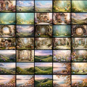 以下が含まれることがあります： イースターをテーマにしたデジタルアートの背景のコレクション。画像は、丘、花の配置、イースターエッグのあるパステルカラーの風景を示しています。いくつかのシーンには、コテージやアーチが含まれており、気まぐれでフェスティバルな雰囲気を作り出しています。