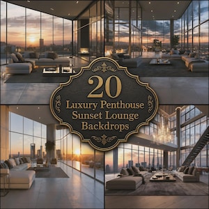 Puede incluir: Una colección digital de 20 fondos de salón de ático de lujo al atardecer con ventanales, muebles modernos y vistas de la ciudad al anochecer. El emblema central muestra el texto 20 Luxury Penthouse Sunset Lounge Backdrops.