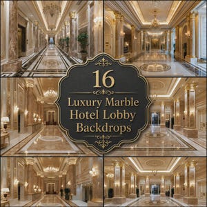 Könnte beinhalten: Eine Sammlung von 16 luxuriösen Marmor-Hotellobby-Hintergründen mit prachtvollen architektonischen Innenräumen, polierten Steinböden, verzierten Säulen, Kristallleuchtern und warmer Beleuchtung, präsentiert mit dem Text 16 Luxury Marble Hotel Lobby Backdrops.