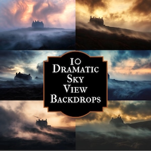 Op de afbeelding: Een verzameling van tien dramatische sky view achtergronden. Elke achtergrond toont een silhouet van een gebouw op een heuvel, gehuld in mist, onder een kleurrijke lucht. De tekst "10 Dramatic Sky View Backdrops" staat in een centraal kader.