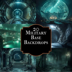 May include: A composite image showing four different military base backdrops. The backdrops depict tunnel and cavern settings, with a central graphic that reads "20 Military Base Backdrops". The colour scheme is dominated by cool blues and greens.