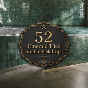 May include: A collection of 52 emerald tiled studio backdrops featuring a central black ornate plaque with gold lettering that reads 52 Emerald Tiled Studio Backdrops, displayed against various green square tile wall and floor textures.