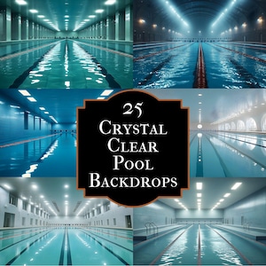 Puede incluir: Un collage de imágenes que muestran varias piscinas cubiertas. Las piscinas están llenas de agua clara y tienen marcas de carril. El texto "25 Crystal Clear Pool Backdrops" se muestra en un marco decorativo negro y marrón.
