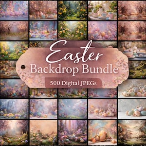 May include: A collection of 20 digital Easter-themed backdrops. The images feature pastel colors, floral arrangements, and Easter eggs. The text on the image reads "Easter Backdrop Bundle" and "500 Digital JPEGs".