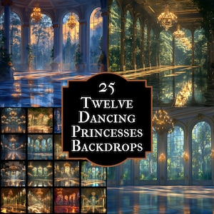 Könnte beinhalten: Ein Bild mit 25 "Twelve Dancing Princesses Backdrops". Die Hintergründe zeigen elegante Ballsäle mit großen Fenstern, Kronleuchtern und reflektierenden Böden. Die Farbpalette umfasst Gold-, Blau- und Grüntöne.