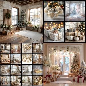 Pode incluir: Uma colagem de imagens com tema natalino. A imagem principal mostra uma sala com uma árvore de Natal decorada, um tapete e janelas grandes. Outras imagens incluem close-ups de enfeites, presentes embrulhados e cenas adicionais de árvores de Natal.