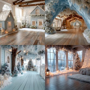 May include: A composite image showcasing four winter-themed interior scenes. The scenes feature miniature houses, snow-covered trees, and festive lighting. The color palette includes whites, blues, and warm wood tones, creating a cozy, holiday atmosphere.