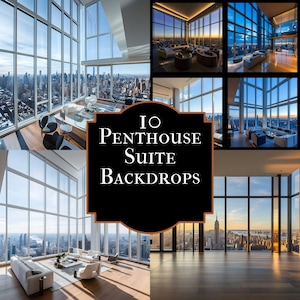 May include: A collection of images displaying penthouse suite backdrops. The images show large windows with cityscapes, contemporary furniture, and natural light. The text "10 Penthouse Suite Backdrops" is on a black background.