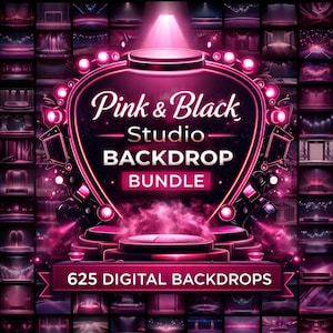 Puede incluir: Un paquete de fondos digitales con temática rosa y negro. El diseño central presenta un marco en forma de corazón con el texto "Pink & Black Studio Backdrop Bundle". La imagen incluye 625 fondos digitales, con varios diseños de escenario y estudio.
