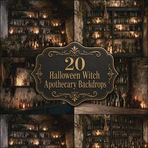 Può includere: Una collezione di venti sfondi digitali con scaffali da speziale scuri e rustici pieni di bottiglie di vetro, erbe essiccate e candele accese. La targa centrale nera mostra il testo dorato 20 Halloween Witch Apothecary Backdrops.
