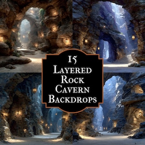 May include: A composite image showcasing 15 layered rock cavern backdrops. The scenes depict various cave interiors with stone walls, archways, and pathways. Lanterns illuminate the caverns, creating a mystical ambiance. The text "15 Layered Rock Cavern Backdrops" is displayed.