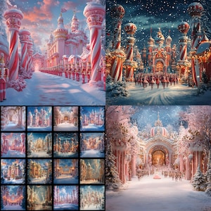 Könnte beinhalten: Eine Collage von Bildern, die ein skurriles Winterwunderland darstellen. Die Szenen zeigen zuckerstangenartige Säulen, schneebedeckte Pfade und verzierte rosa Schlösser. Spielzeugsoldaten und festliche Dekorationen tragen zum Feierthema bei und schaffen eine magische, märchenhafte Atmosphäre.
