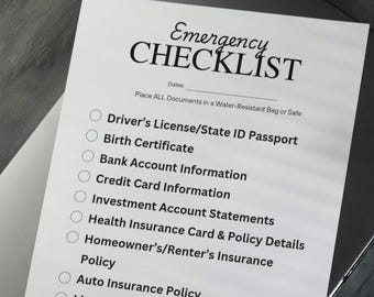 Enkel checklista för nöddokument, utskrivbar – Beredskap för hem och familj – Digital nedladdning 2 sidor -