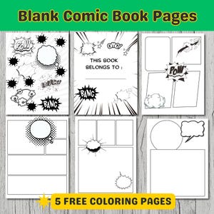 Puede incluir: Páginas de cómic en blanco con bocadillos y palabras de acción como "Pow" y "Bang". La portada incluye el texto "Blank Comic Book Pages" y "This book belongs to:" con 5 páginas para colorear gratis.