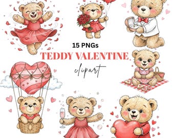 Valentine Teddy Bear Clipart, Watercolor Graphics (Digital Download)