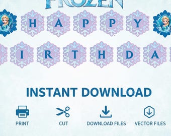 Printbare Frozen verjaardagsbanner – Elsa Anna sneeuwvlokken vlaggetjes - Frozen verjaardagsdecoraties - Feestdecoratie - pdf PNG AI EPS