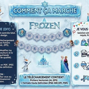 Op de afbeelding: Een digitale download met het thema "FROZEN", met een "Happy Birthday" banner en illustraties van Elsa, Anna, Olaf en een kasteel. Instructies voor doe-het-zelf of professioneel printen zijn inbegrepen.