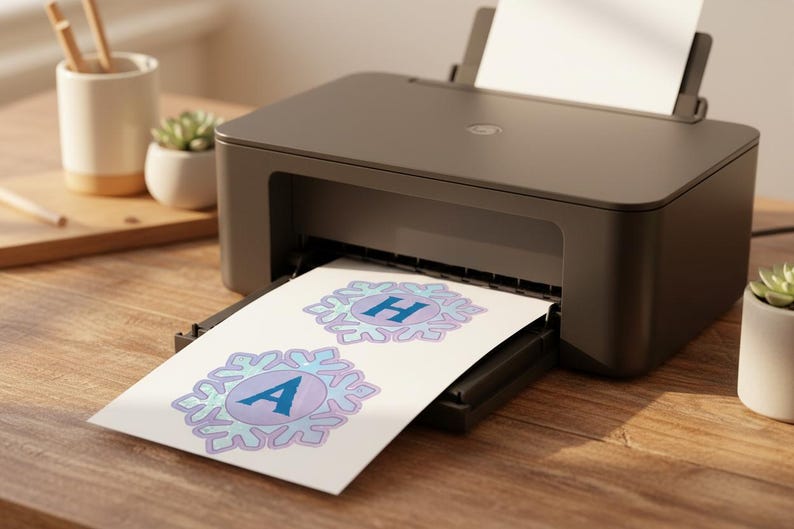 Op de afbeelding: Een donkergrijze printer print twee sneeuwvlokvormige ontwerpen met de letters "A" en "H" in blauw. De ontwerpen staan op wit papier. De printer staat op een houten oppervlak, met een kleine vetplant en potloden op de achtergrond.