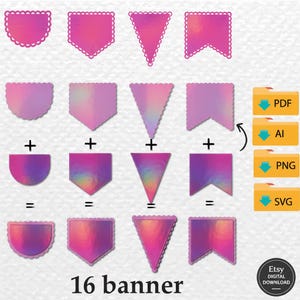 Peut inclure: Graphique numérique avec 16 modèles de bannières roses et violettes. Les bannières ont différentes formes, y compris des fanions et des bords arrondis. L'image comprend des icônes de type de fichier pour PDF, AI, PNG et SVG. Le texte en bas indique "16 banner."
