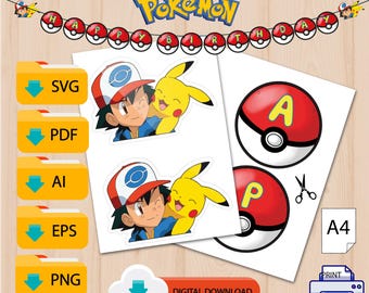 Printbare Pokémon verjaardagsbanner, Pokeball verjaardagsslinger, Pokémon feestdecoratie, Pikachu verjaardagsslinger, direct te downloaden