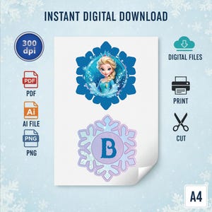 Op de afbeelding: Digitale download met twee sneeuwvlokontwerpen. E&eacute;n toont een prinses in een blauwe jurk, de andere de letter "B". Bevat bestandstype-pictogrammen voor PDF, AI en PNG. Tekst luidt "DIRECTE DIGITALE DOWNLOAD", "DIGITALE BESTANDEN", "PRINTEN" en "KNIPPEN".