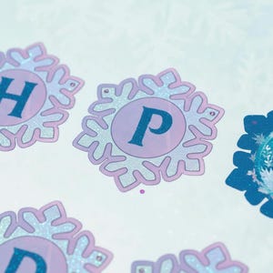Op de afbeelding: Een banner met sneeuwvlokvormige uitsparingen met de letters "H P D" in blauw. De letters staan in een lichtpaarse cirkel. Een blauw en wit beeld van een personage uit de film Frozen is ook inbegrepen.