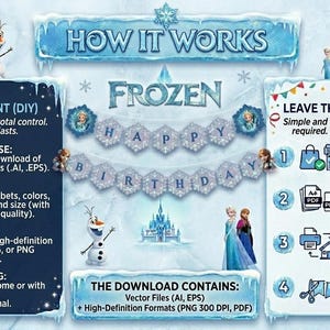 Op de afbeelding: Een digitaal Frozen-thema verjaardagsbannerontwerp. De afbeelding toont de tekst "FROZEN HAPPY BIRTHDAY" in een bannerstijl, met instructies voor doe-het-zelf- en kant-en-klare opties. Inclusief illustraties van Elsa, Anna, Olaf en een kasteel.