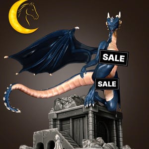 May include: A detailed figurine of a blue dragon with large wings, perched atop a stone structure. The dragon has a light-colored underbelly and is labeled with "SALE" signs. A golden crescent moon with a horse silhouette is in the upper left corner.