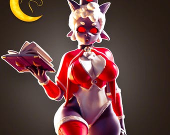 May include: A stylized figurine of a character with red eyes, wearing a red and white outfit, holding a book. The figure has a crown and a crescent moon with a horse silhouette in the background. The overall aesthetic is fantasy-themed.