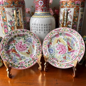 Pair of Vintage Chinese Macau Famille Rose Butterfly & Peony Plates – 7” – Hand Painted c1970