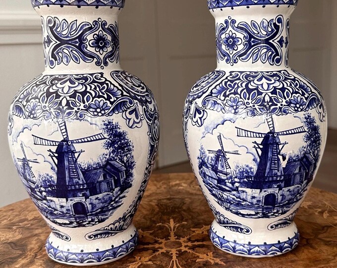 Pair of Vintage Delft Blue and White Vases – Decorative Windmill Design ...